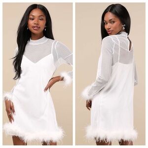 Lulus Immaculate Charisma White Mesh Feather Long Sleeve
Mini Dress